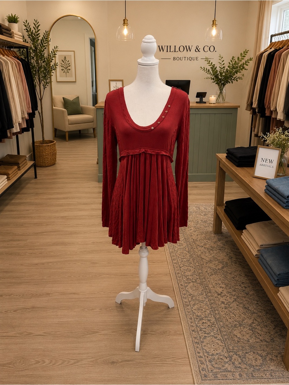 Free People Brown Ribbed Tunic Top Small Gold Button Detail